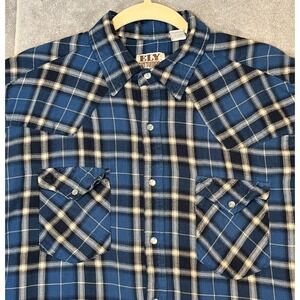 VTG Ely Cattleman Western Shirt Mens Large Blue Plaid Flannel Pearl Snap Cowboy